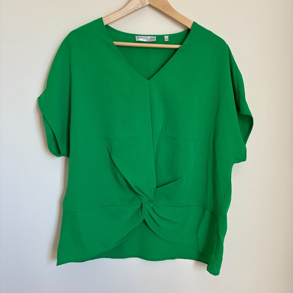 Patrizia Luca V-Neck Knot-Front Blouse: Kelly Green Size L